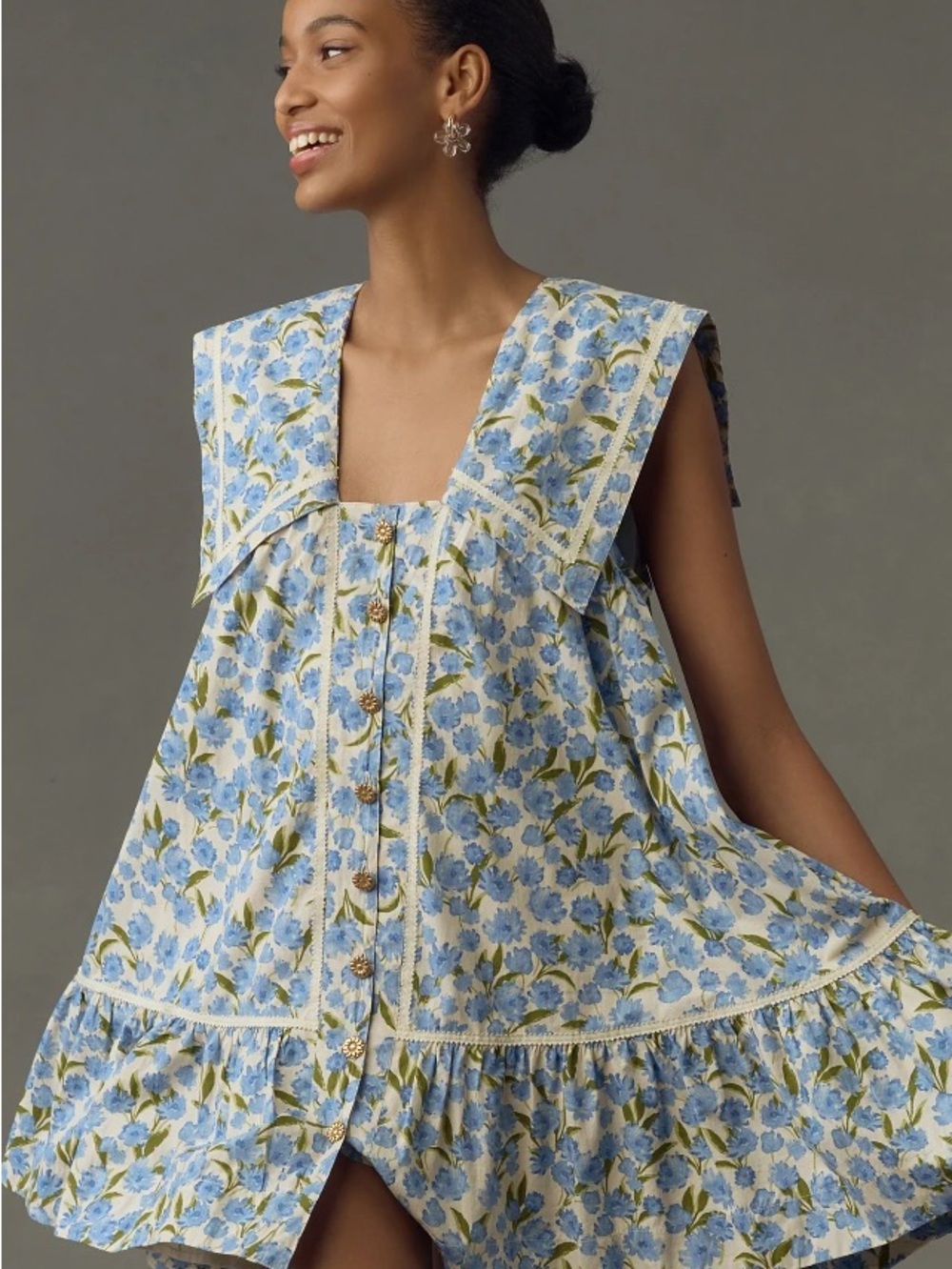 Anthropologie Blue and Green Floral Tiered Dress with Sailor Collar